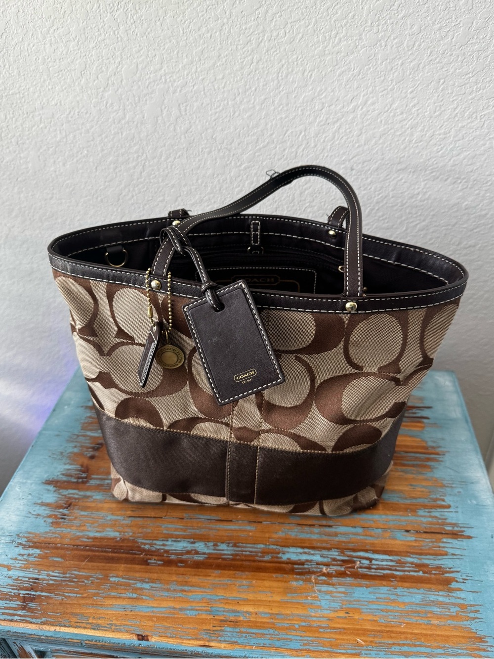 Coach Signature Brown Canvas Tote Bag Leather Trim Shoulder Handbag